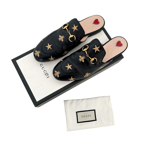 Gucci Princetown Horsebit Loafer Mule EU 37 Black Leather Bee Star Slides Flats - Picture 1 of 10